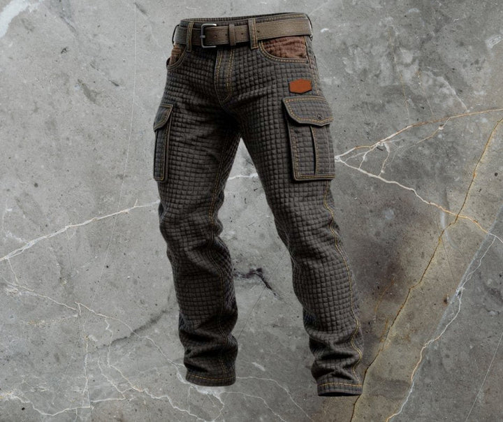 Slim fit men's black cargo pants featuring a textured design & practical side pockets. Modern casual style.