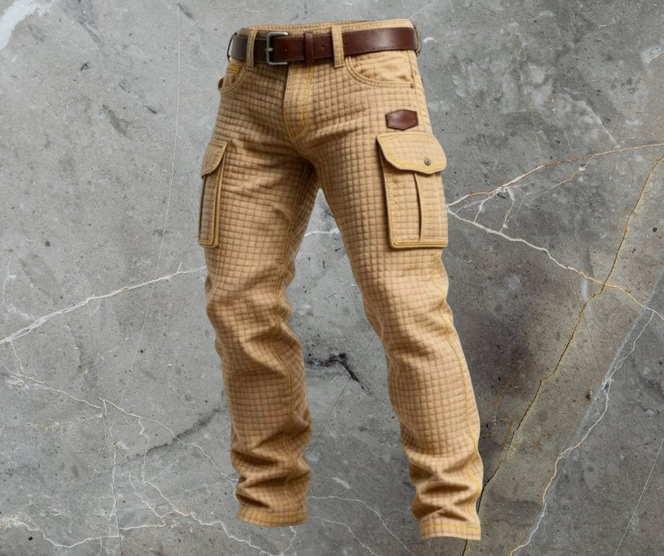 Textured black slim cargo pants for men. A modern, comfortable choice for casual or utility fashion.