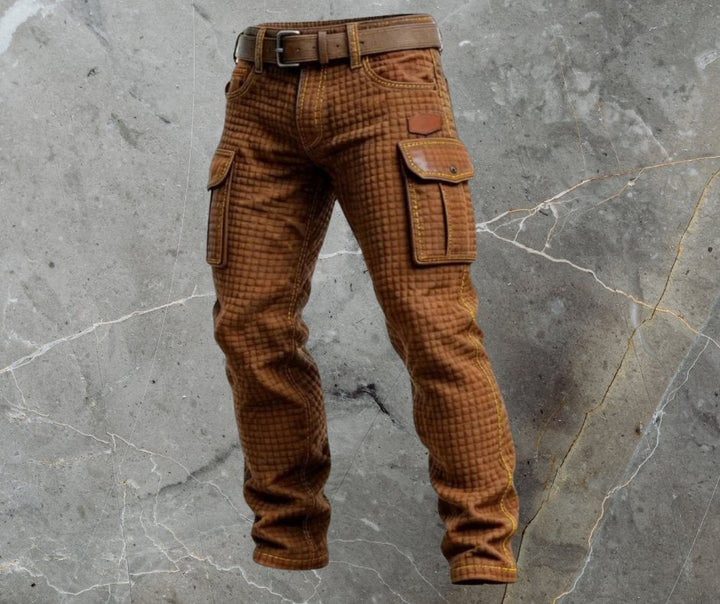 Alexander black slim cargo pants for men, showcasing a unique textured design & utility pockets for fashion.