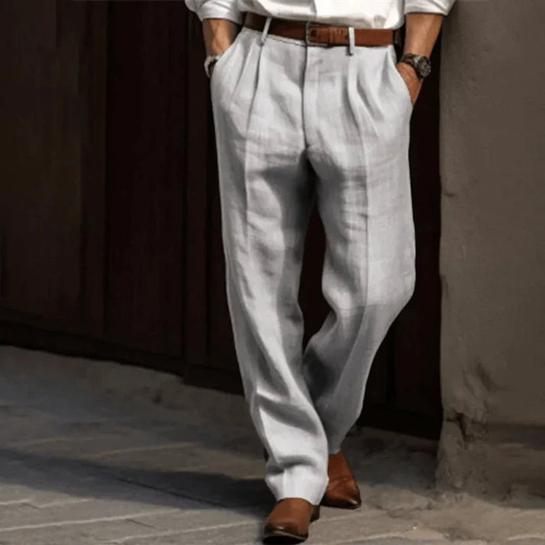 Men's classic grey pleated trousers with straight leg, perfect for business casual and office wear.