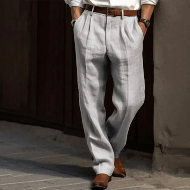 Men's classic grey pleated trousers with straight leg, perfect for business casual and office wear.