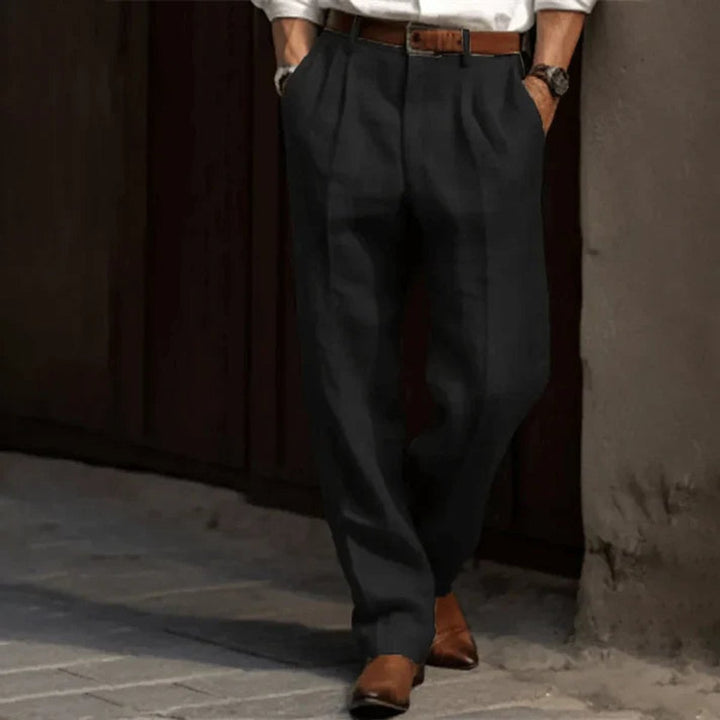 Versatile men's pleated trousers, straight leg design, offering effortless style for office or casual wear.