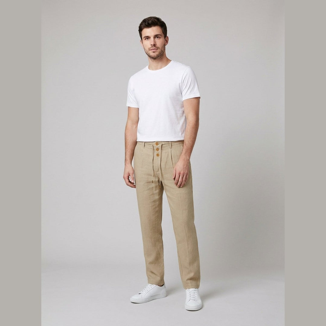 Men's relaxed fit pleated khaki trousers, ideal for casual summer style and comfort.