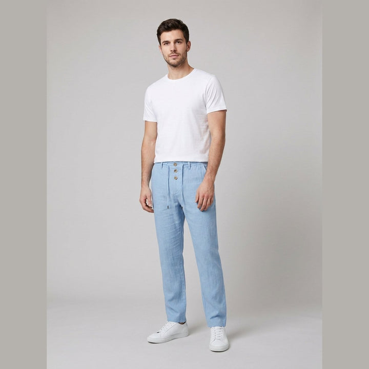 Comfortable men's relaxed fit drawstring pleated trousers, perfect for versatile casual wear.