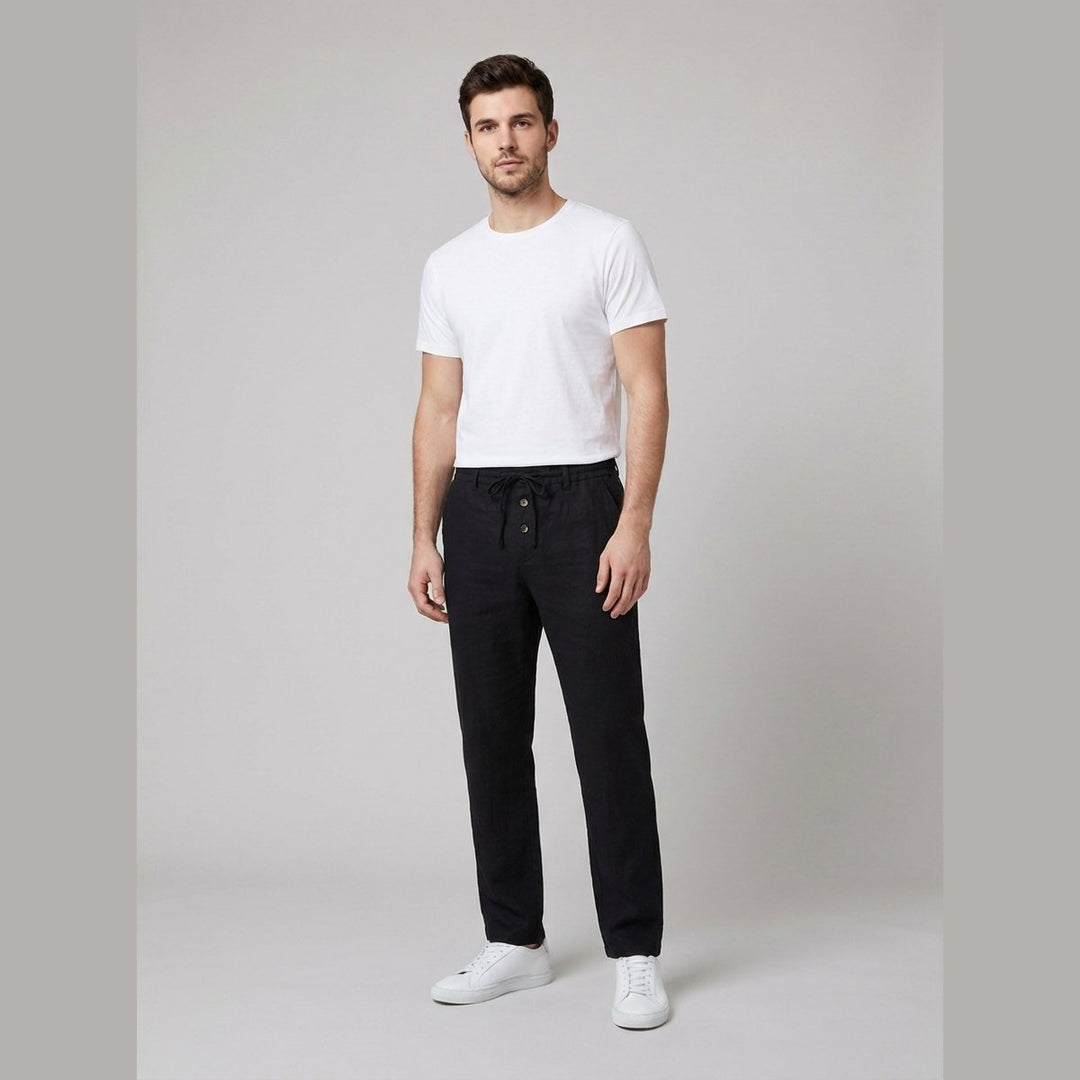 Versatile men's relaxed fit pleated black trousers for effortless style on any occasion.