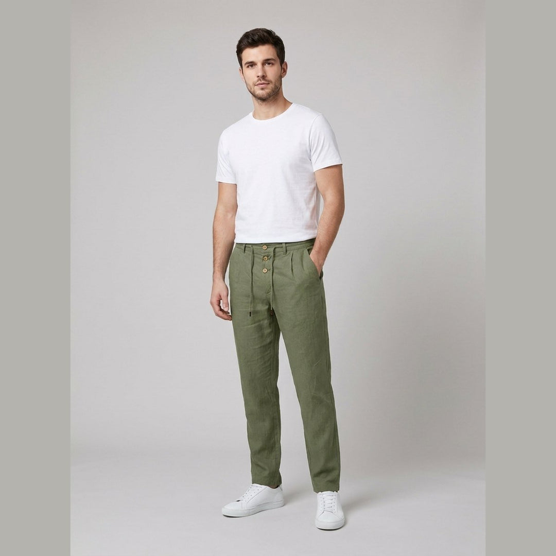Men's army green relaxed fit pleated trousers, a comfy choice for versatile outfits.