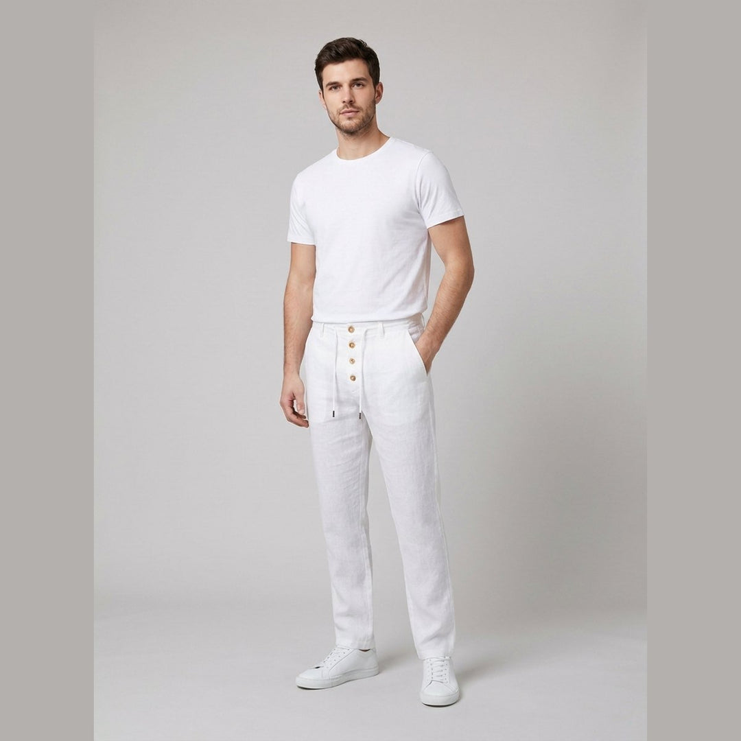 White men's relaxed fit pleated trousers, essential for breezy summer fashion and comfort.
