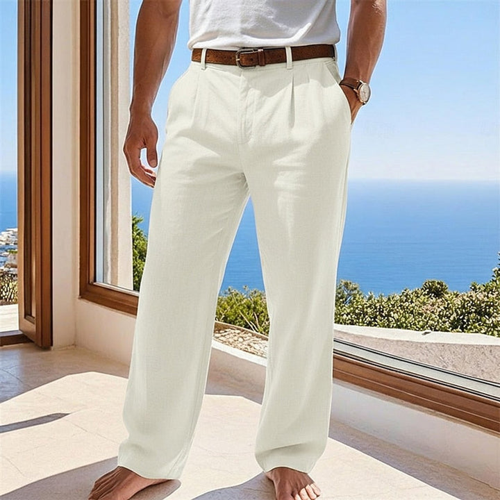 Men's pleated loose fit summer trousers, lightweight and relaxed for beach or casual wear.