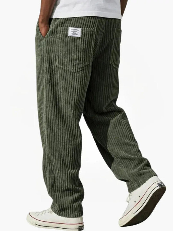 Men's relaxed fit corduroy trousers. Comfortable casual pants, straight leg, elastic waist, timeless.