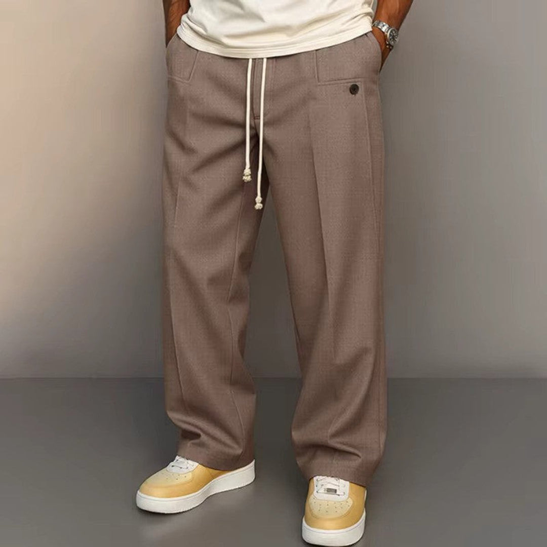 Versatile men's khaki wide leg pants, a comfortable drawstring casual style suitable for office or everyday fashion.