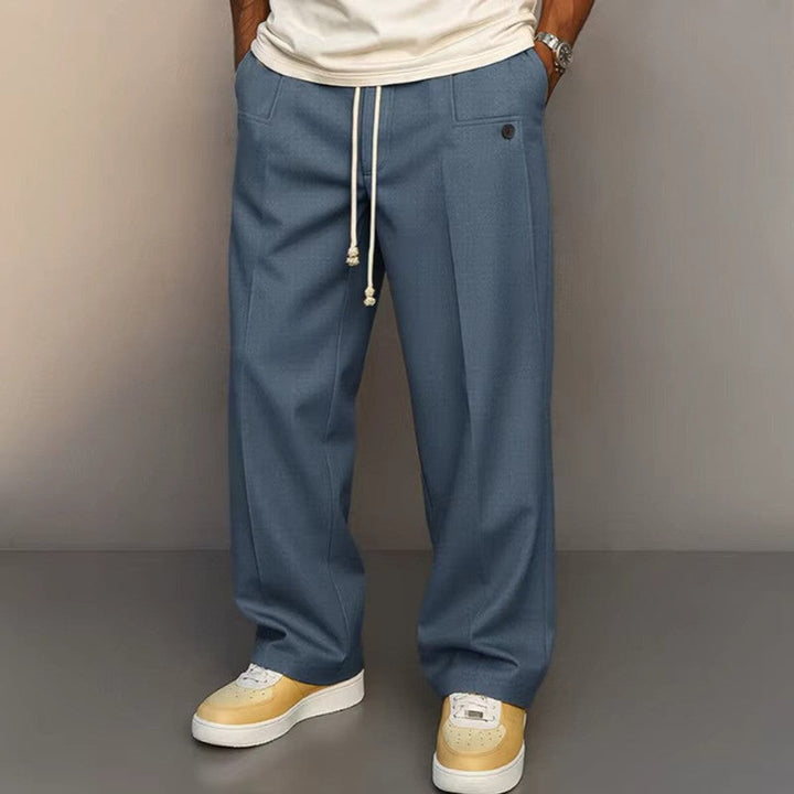 Comfortable men's wide leg khaki pants featuring a relaxed fit and practical drawstring waist for daily wear.