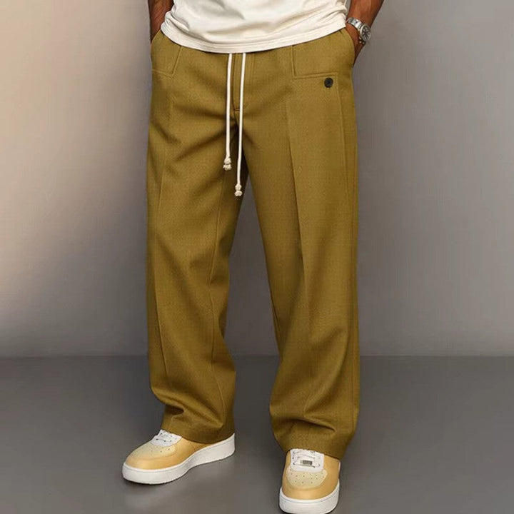 Stylish men's wide leg khaki drawstring pants, designed for a relaxed fit and ultimate comfort in men's fashion.