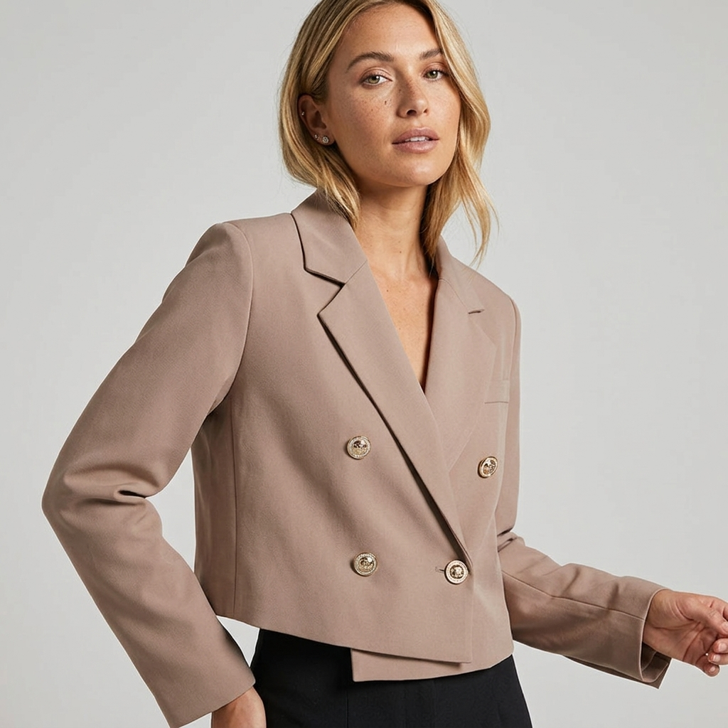 Women's cropped double-breasted blazer with tailored lapel. Stylish women's jacket for versatile layering.