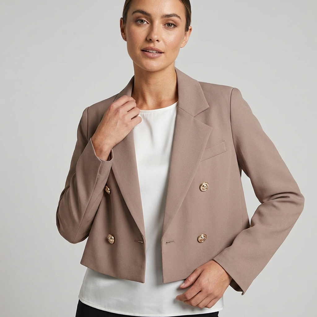Khaki women's cropped tailored blazer. Double-breasted lapel jacket for office chic style.