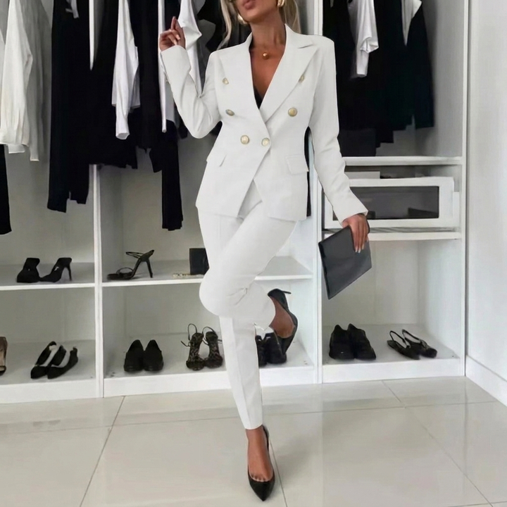 Classic women's professional suit, a two-piece blazer and pant set for elegant workwear.