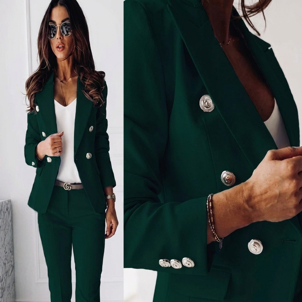 Stylish women's two-piece business suit, featuring a fitted blazer and matching slim pants.