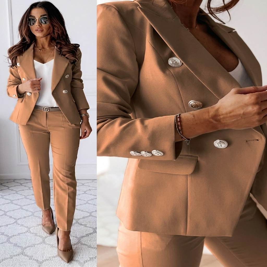 Women's formal wear two-piece suit, an elegant blazer & trousers set for business events.