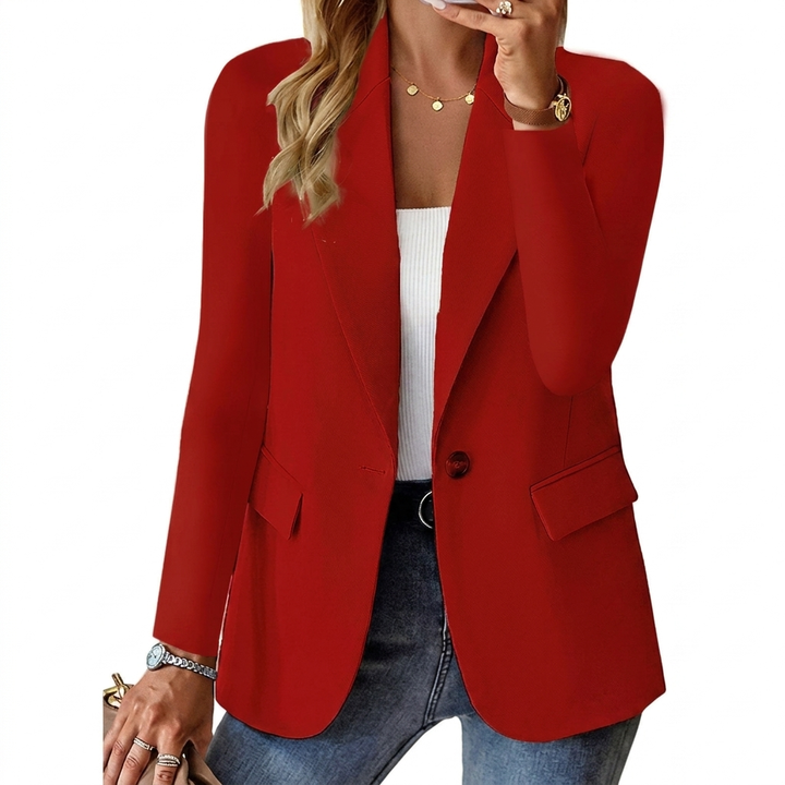Sophisticated women's long sleeve blazer jacket with lapel and button front design.