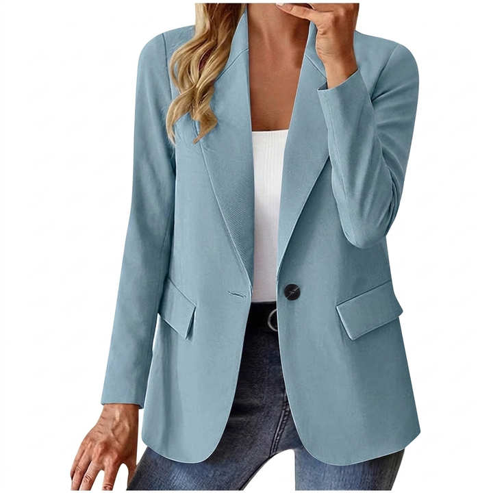 Button-front long sleeve blazer for women, a sophisticated jacket for business and office.