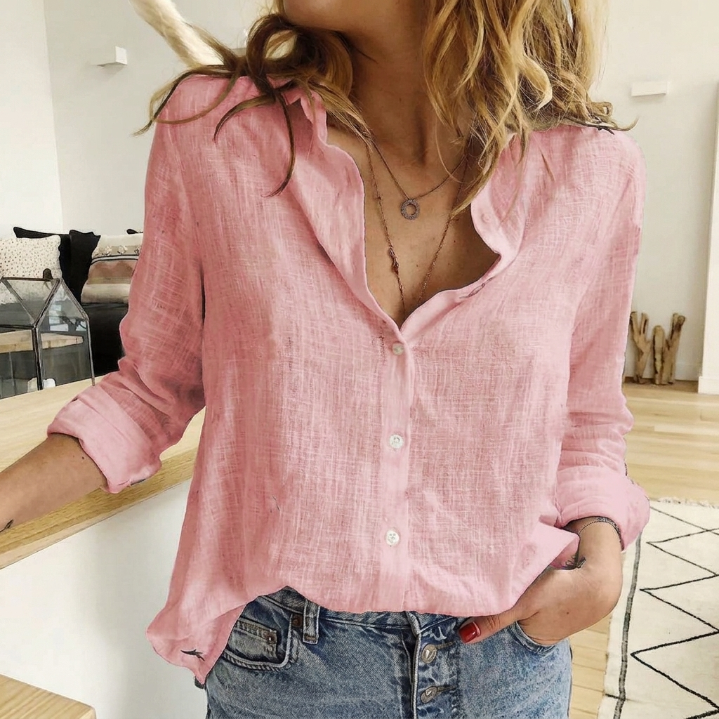 Women's long sleeve button-front lapel shirt styled for everyday elegance and a smart casual look.