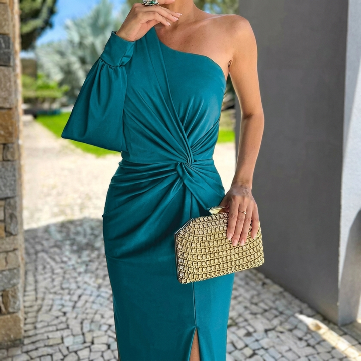 Formal one shoulder long evening dress, perfect for galas, parties, or cocktails.