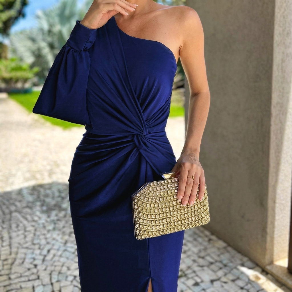 Full-length view of a women's elegant one shoulder evening dress, perfect for special occasions.