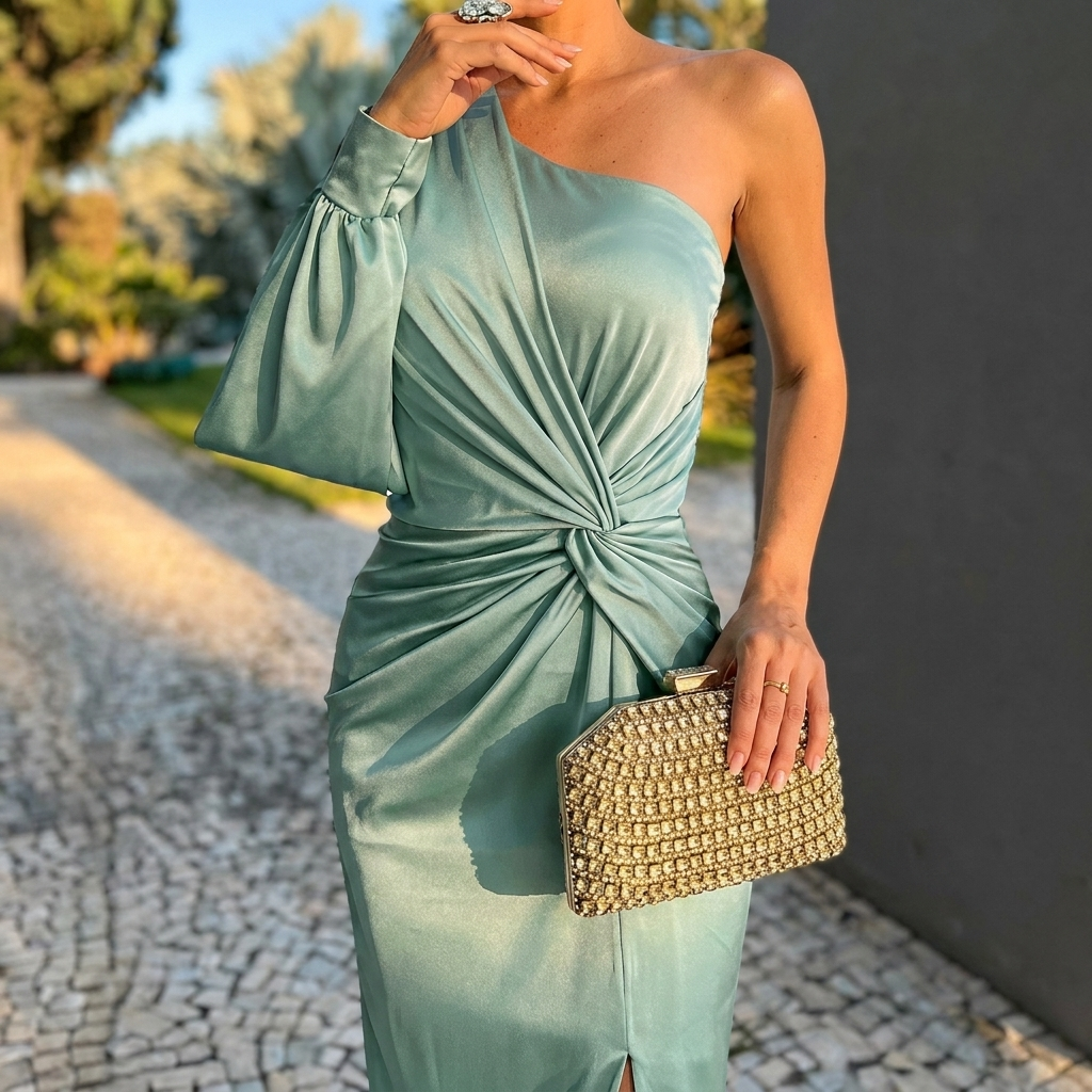Sophisticated women's one shoulder evening gown, a modern figure-flattering party dress.