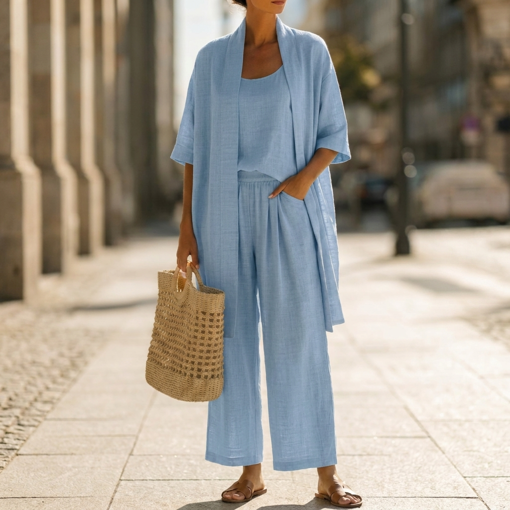 Stylish women's knit co-ord set: long cardigan, sleeveless tank top, and comfortable straight-leg pants.