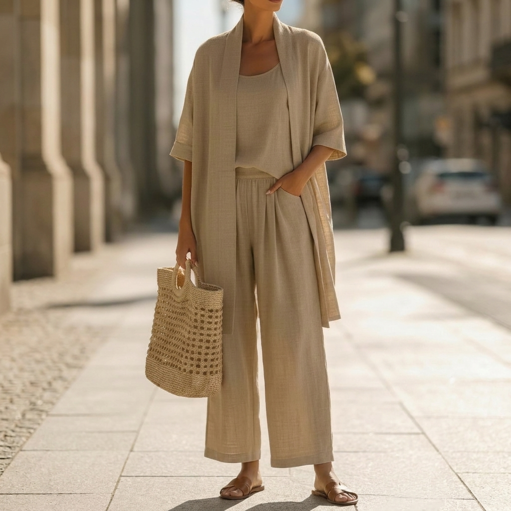 Versatile women's knit matching set: a chic long cardigan, sleeveless top, and elegant straight-leg trousers.