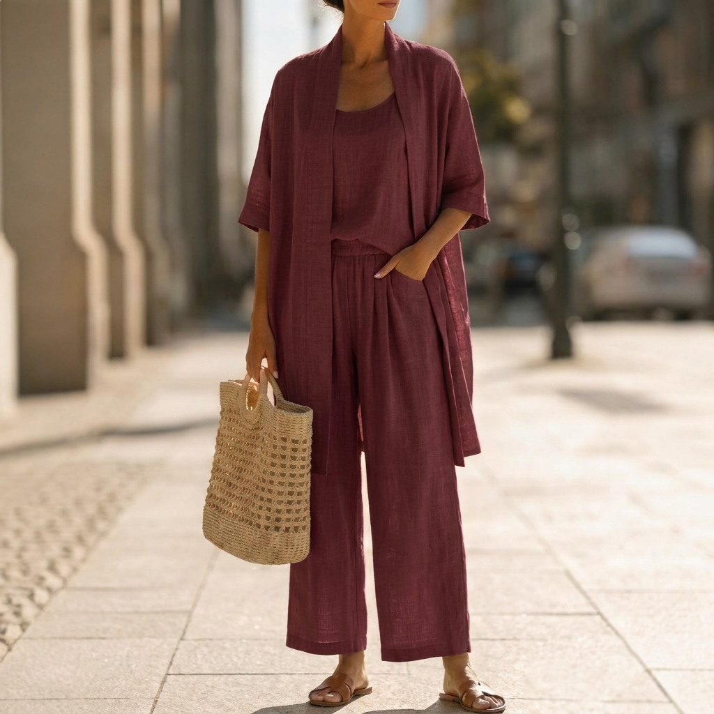 Women's elegant knit three-piece co-ord set with a long cardigan, top, and straight-leg trousers for comfort.