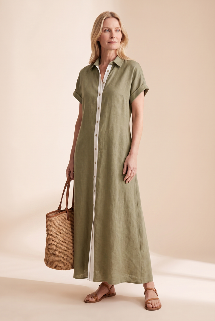 Effortless women's relaxed fit button-front maxi dress for comfortable and casual everyday style.