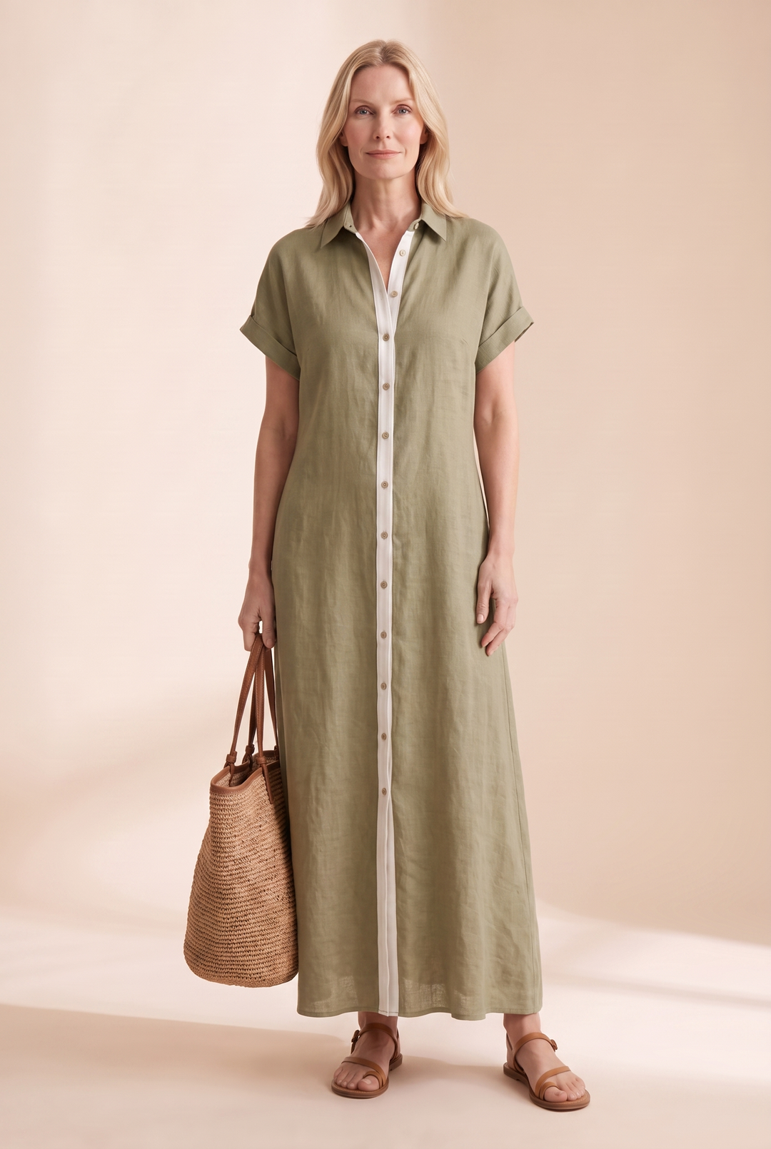 Women's relaxed fit button-front maxi dress, perfect for effortless summer style and everyday wear.