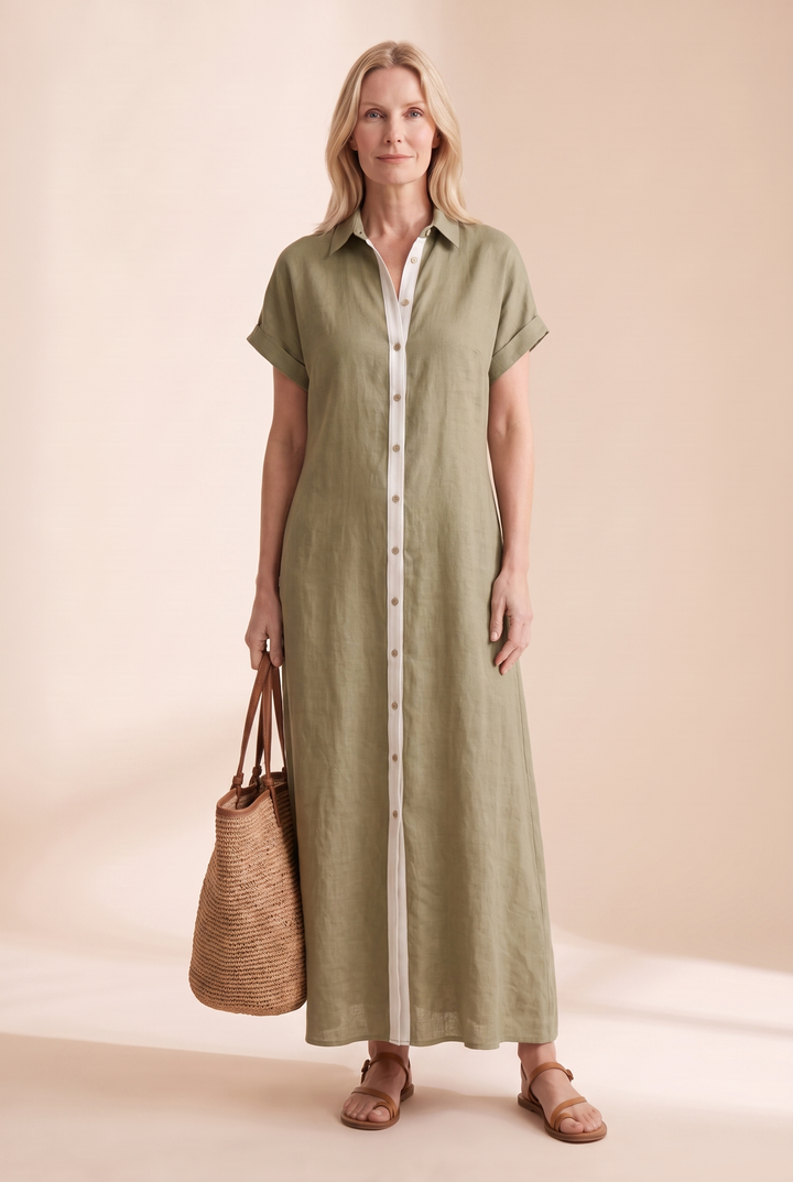Women's relaxed fit button-front maxi dress, perfect for effortless summer style and everyday wear.