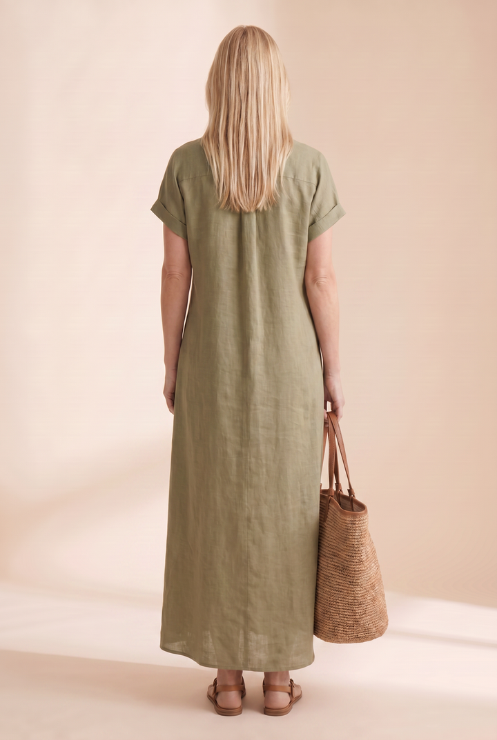 Stylish women's short sleeve button-front maxi dress in a relaxed, flowing fit, perfect for summer.