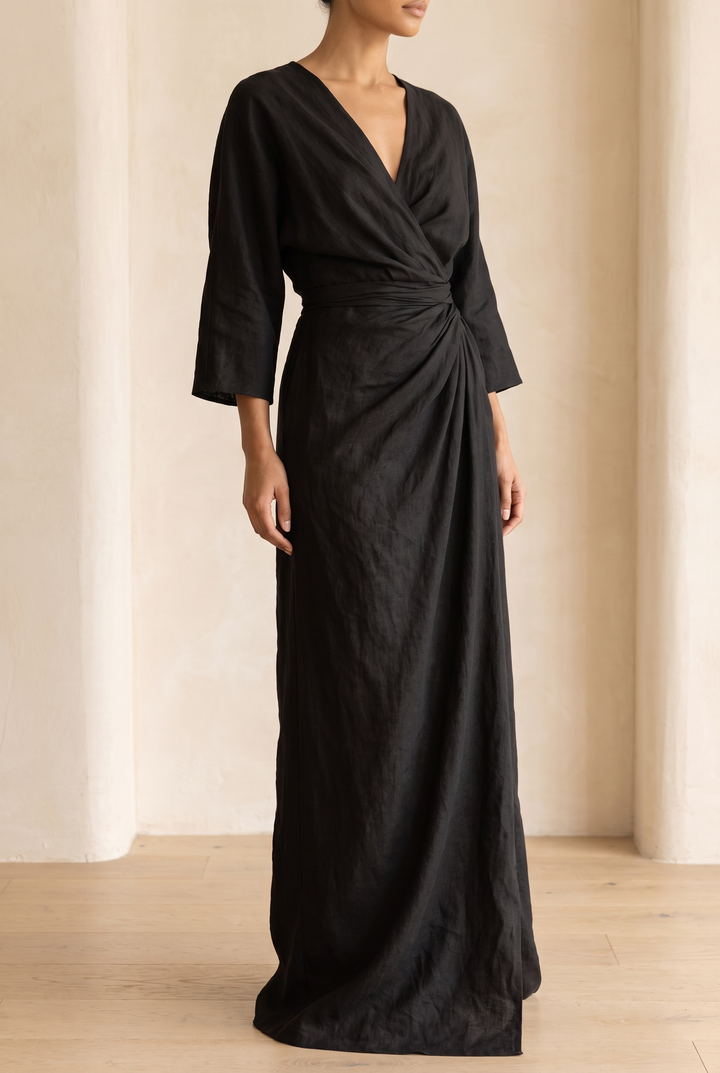 Comfortable pull-on V-neck maxi dress for women. Easy, stylish everyday wear or beach dress.