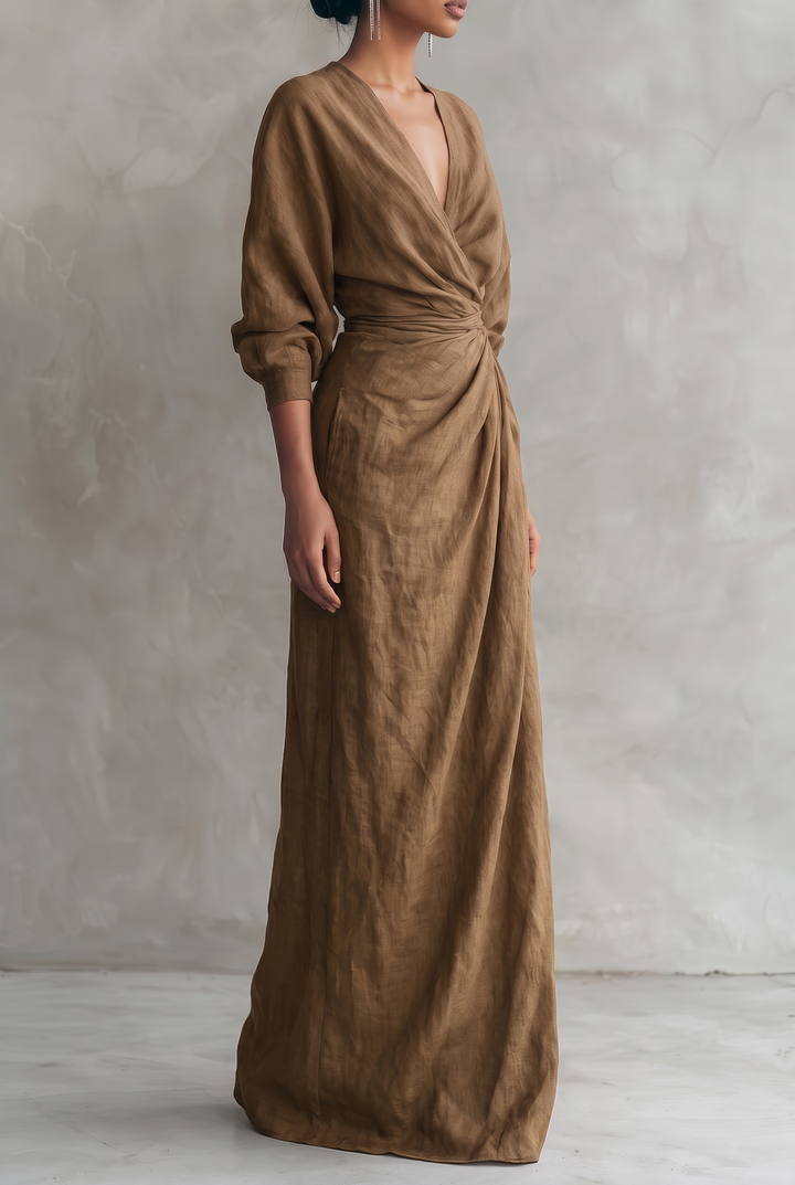 Model wearing a comfortable women's V-neck maxi dress, showcasing elegant summer style.