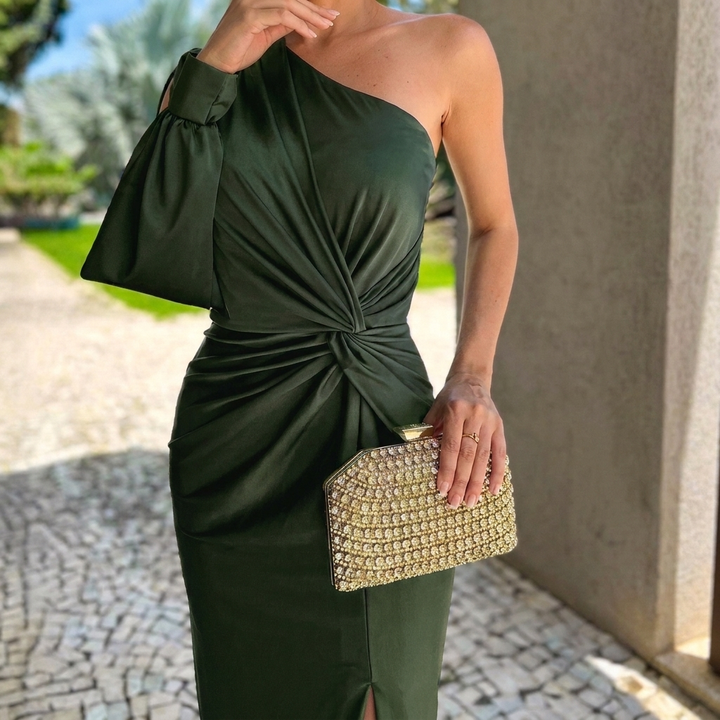 Elegant one shoulder women's evening dress, a long, slim-fit formal party gown.