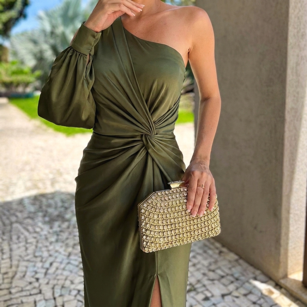 Women's elegant one shoulder slim fit evening dress for special occasions.