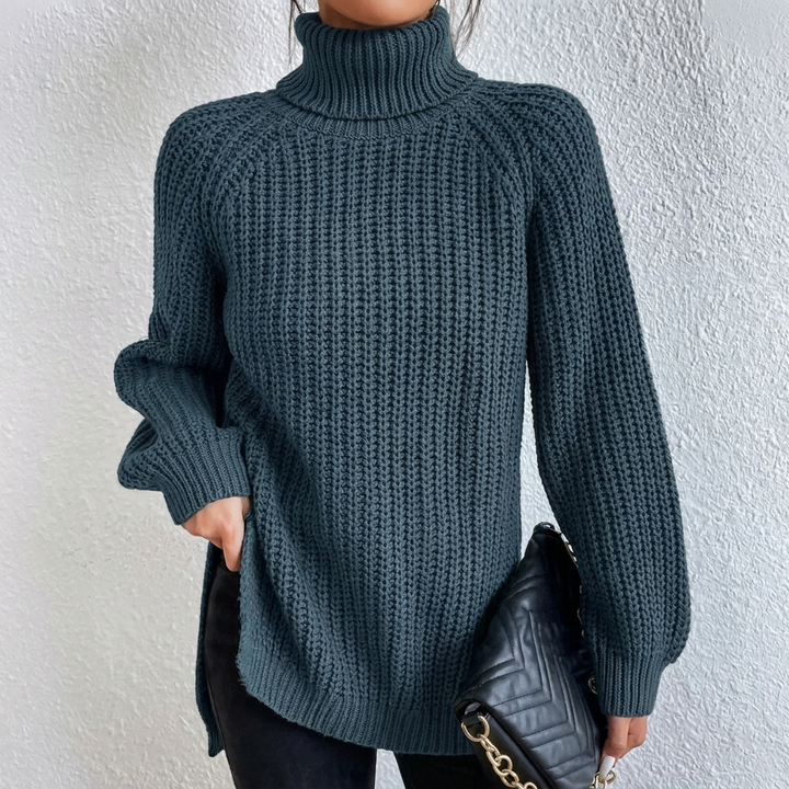 Chic women's long sleeve turtleneck pullover. Solid color, split hem, perfect for modern winter wear.