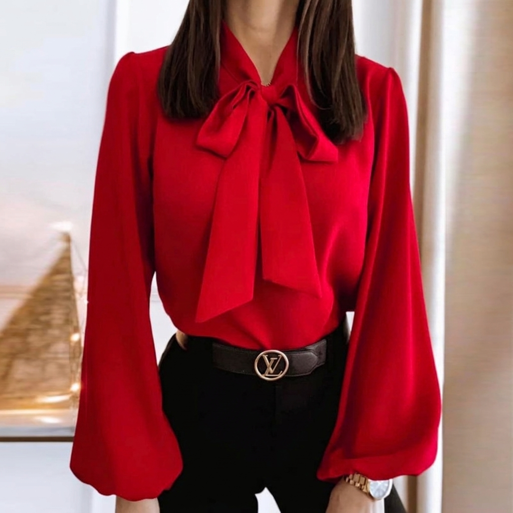 Classic women's bow tie shirt, a sophisticated long sleeve top for elegant business meetings & versatile work fashion.