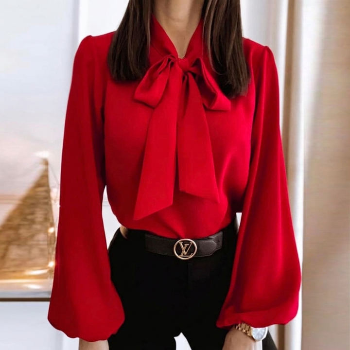 Classic women's bow tie shirt, a sophisticated long sleeve top for elegant business meetings & versatile work fashion.