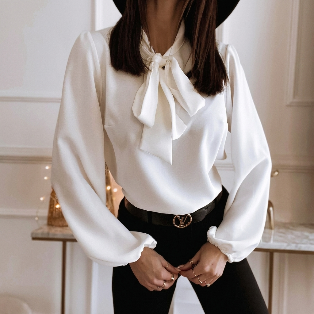 Detailed view of a solid color bow tie collared blouse, showcasing its elegant long sleeves & sophisticated design.