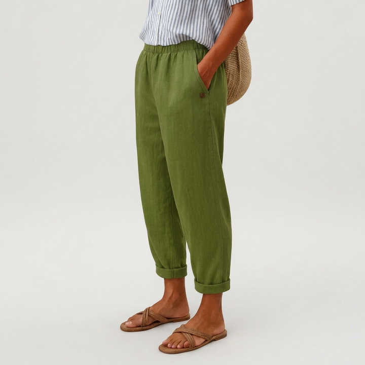 Women's stylish casual pants with 3D buttons. Comfortable fashion bottoms for relaxed everyday wear.