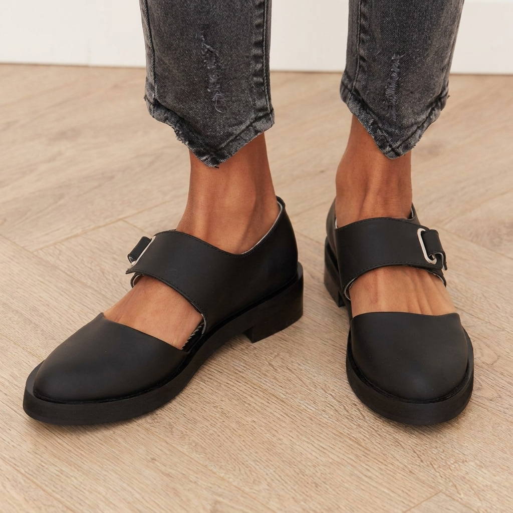 Women's low heel square toe buckle shoes, perfect for office wear or elegant casual outfits. Versatile dress footwear.