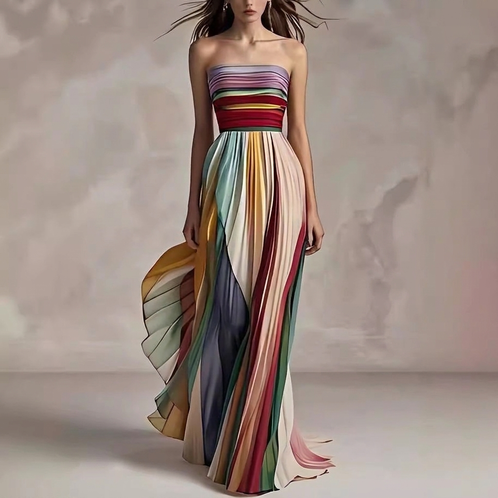 Elegant women's strapless printed maxi dress with a flowy swing skirt, perfect for summer parties & beach vacations.