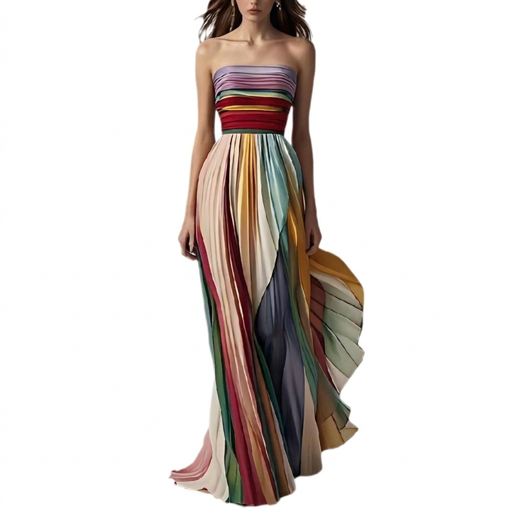 Casual women's printed strapless swing maxi dress, ideal for summer, vacation, or an elegant beach party.
