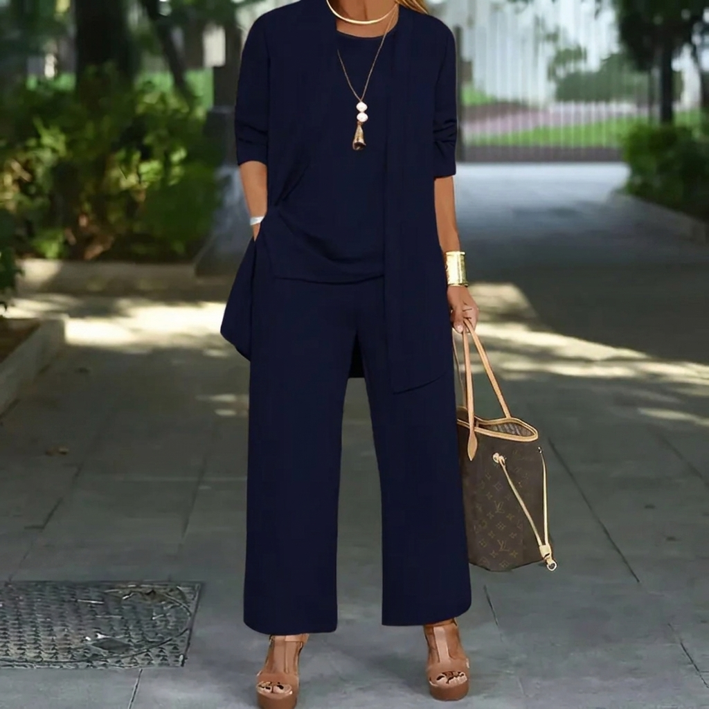 Complete women's elegant 3-piece outfit featuring a long cardigan, a simple vest, and stylish wide leg pants.