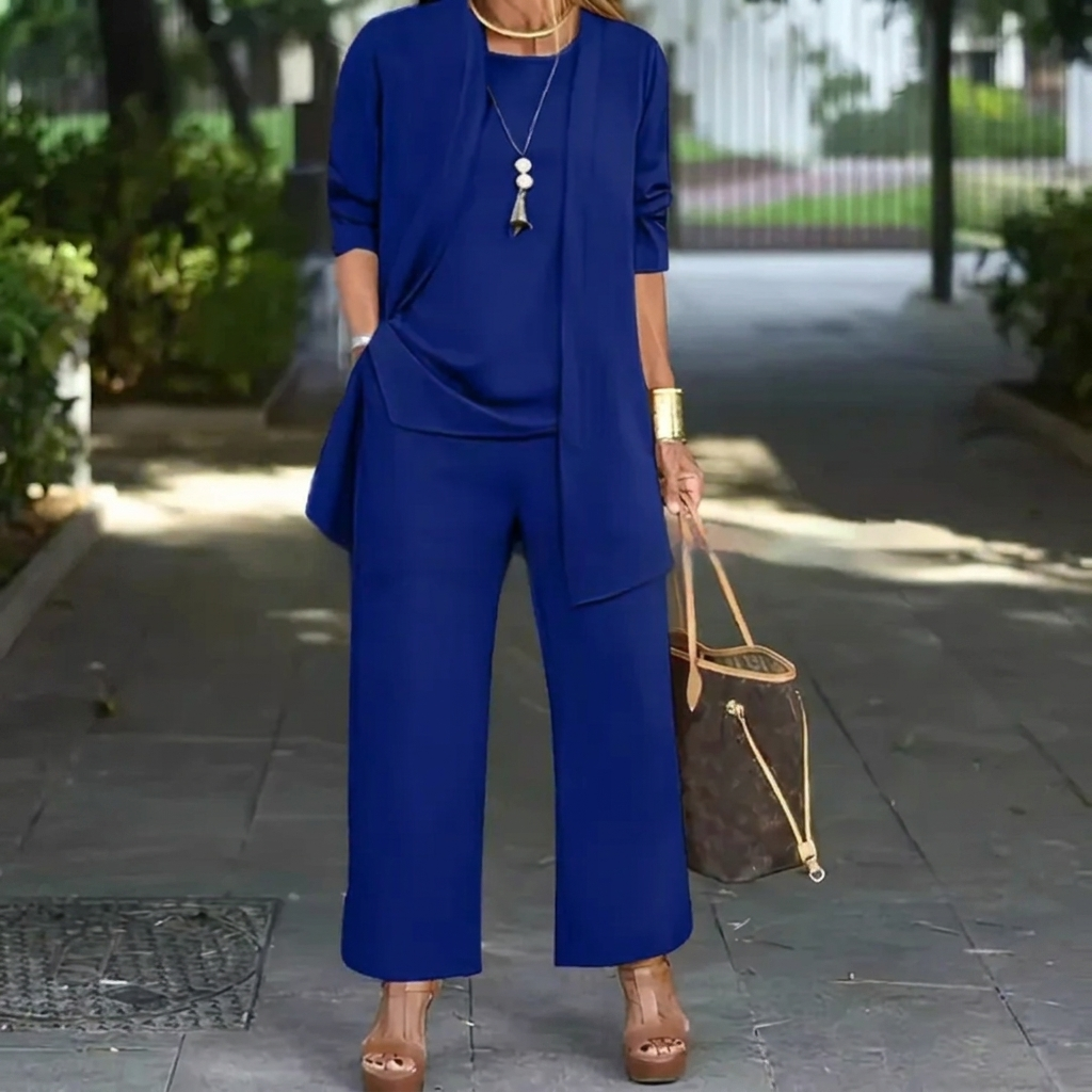Chic women's matching 3-piece outfit with elegant long cardigan, sleeveless top, and wide leg trousers.