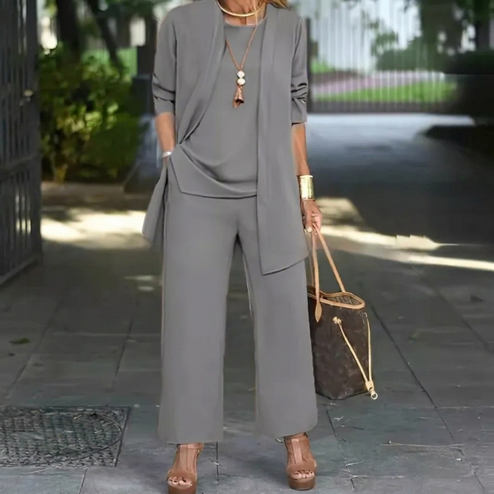 Chic women's 3-piece cardigan set with wide leg pants, vest top. Perfect matching casual chic outfit.