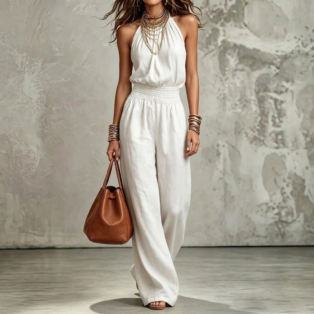 Fashionable woman in an elegant backless halter wide-leg jumpsuit, showcasing chic summer party apparel.